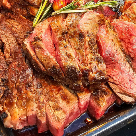 Charcoal'Kissed Prime Rib-Eye with smoked sea salt and Mustard Grilled Prime Flank Steak